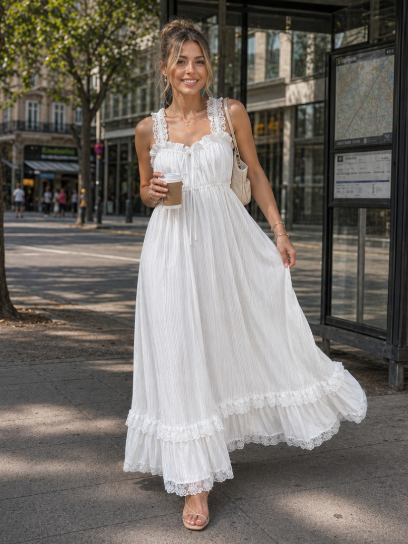 Leach | Vestido midi sin mangas con tirantes de volantes