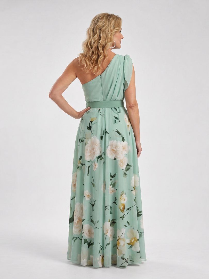 Manios | Vestido Maxi con Estampado Floral y Un Hombro con Cinturón