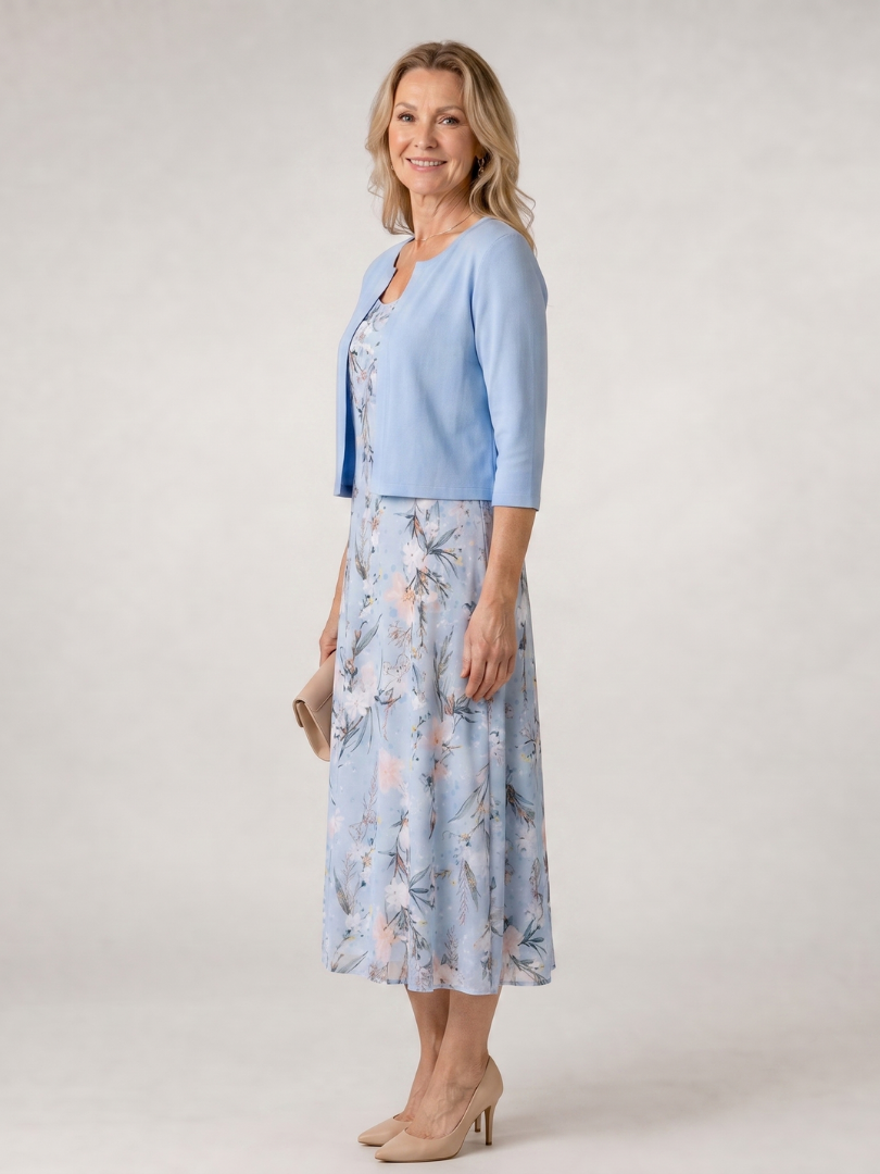 Celeste | Vestido Midi Sin Mangas con Chaqueta Cortada de Estampado Floral