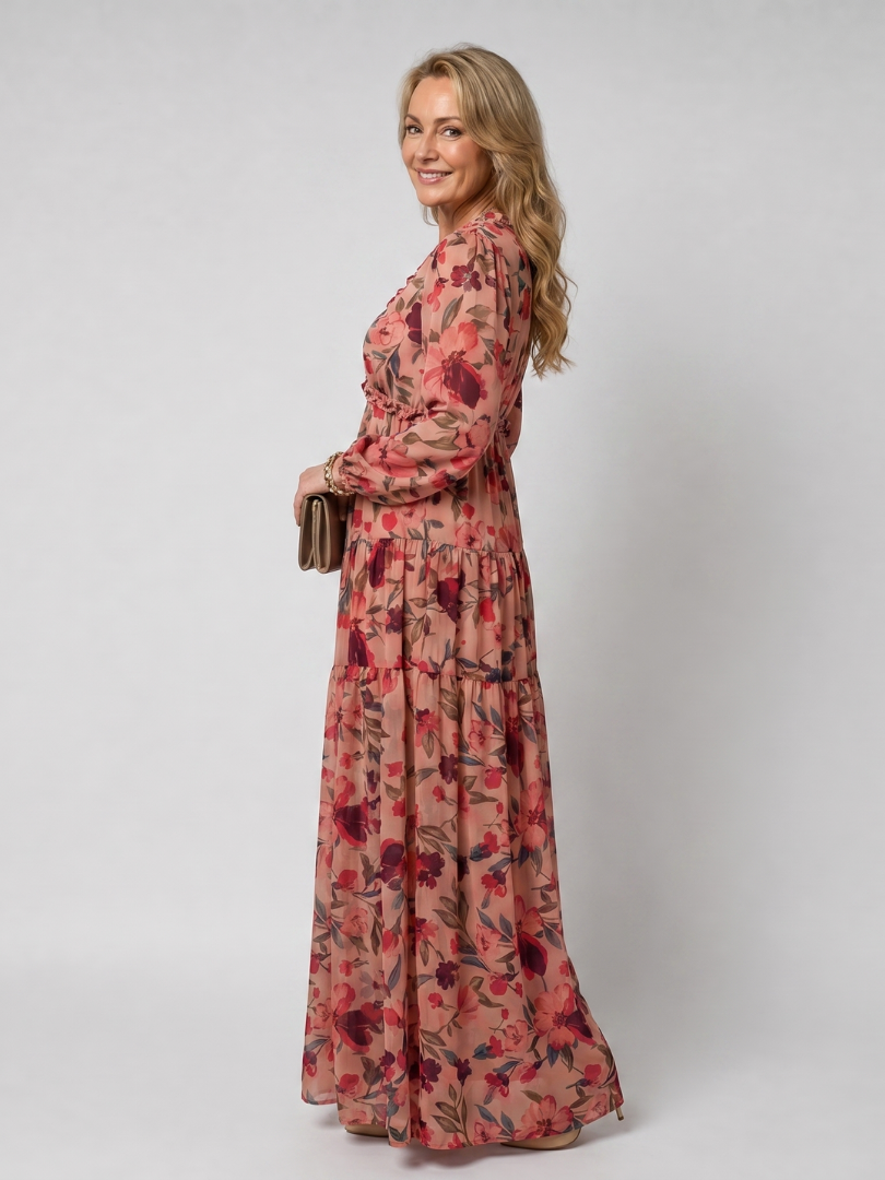 Camelo | Vestido Largo Maxi de Manga Larga con Estampado Floral
