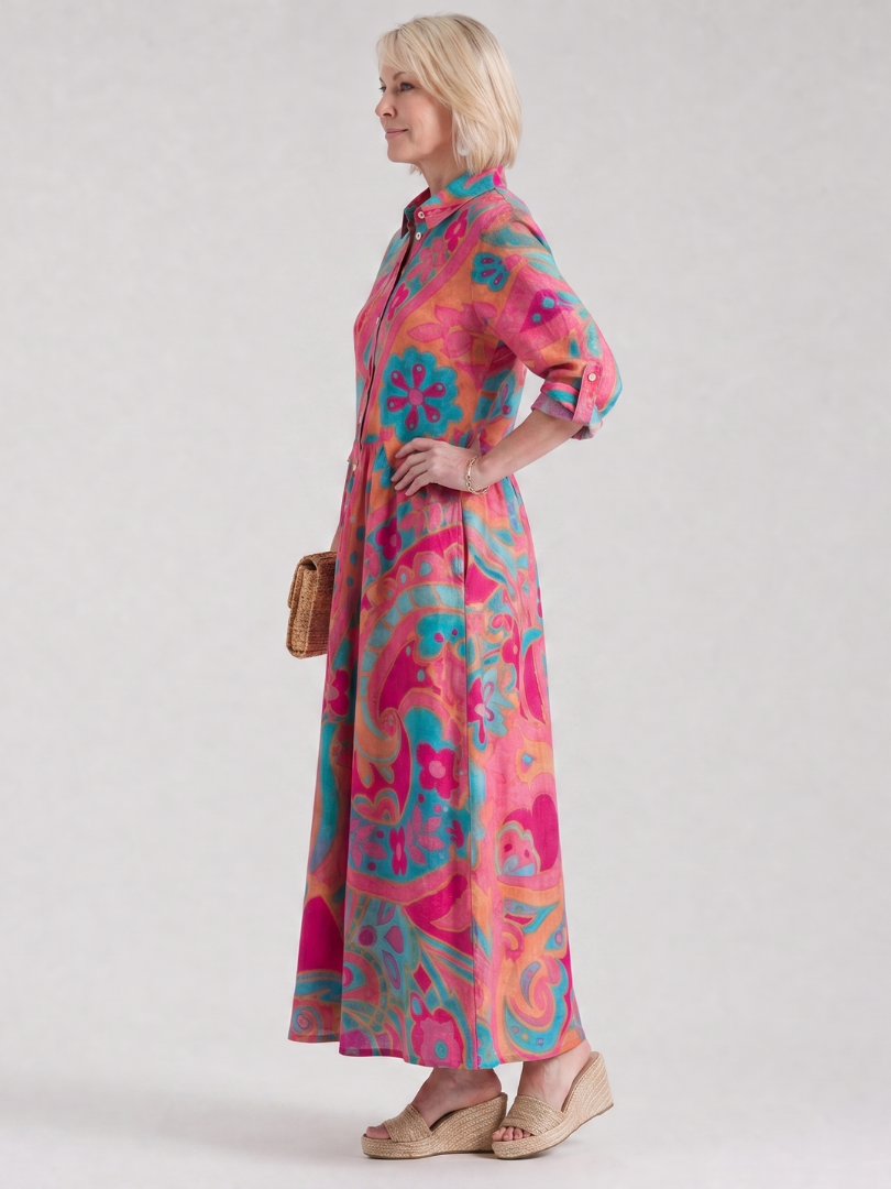 Klera | Vestido Midi de Botones Impreso con Cuello