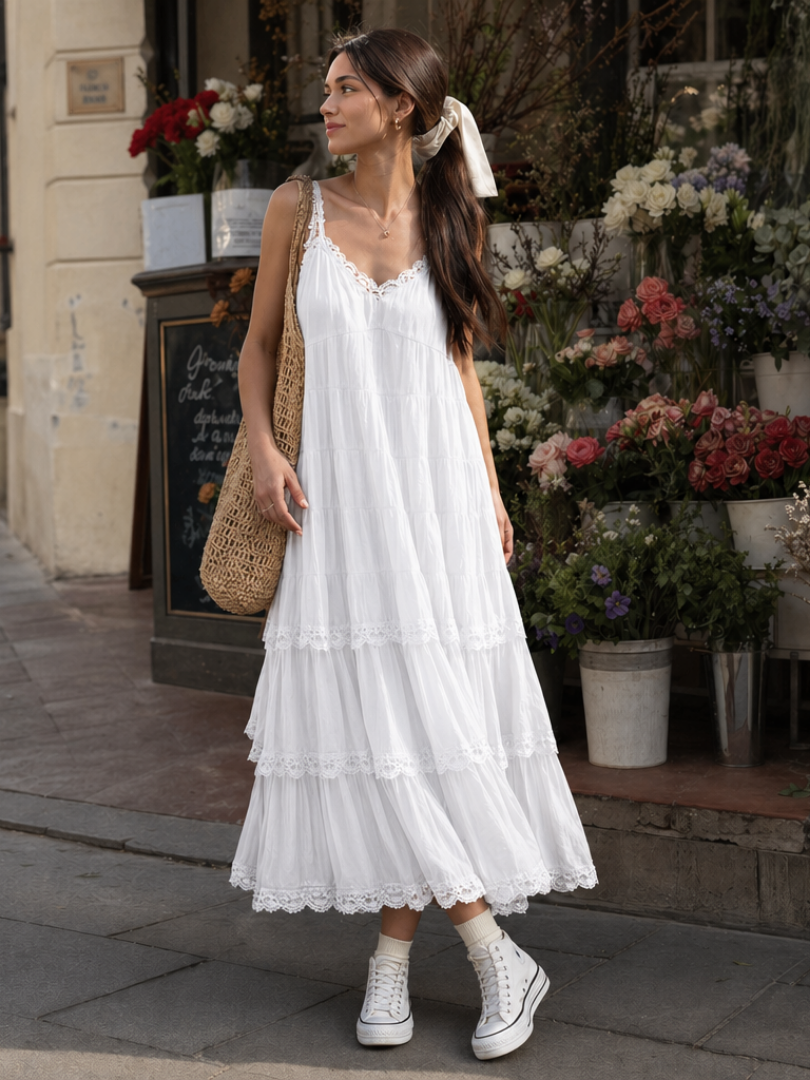 Lorelei | Vestido Midi de Capas de Encaje con Tirantes de Espagueti