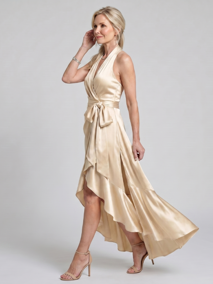 Honora | Vestido Midi Asimétrico con Cuello Halter