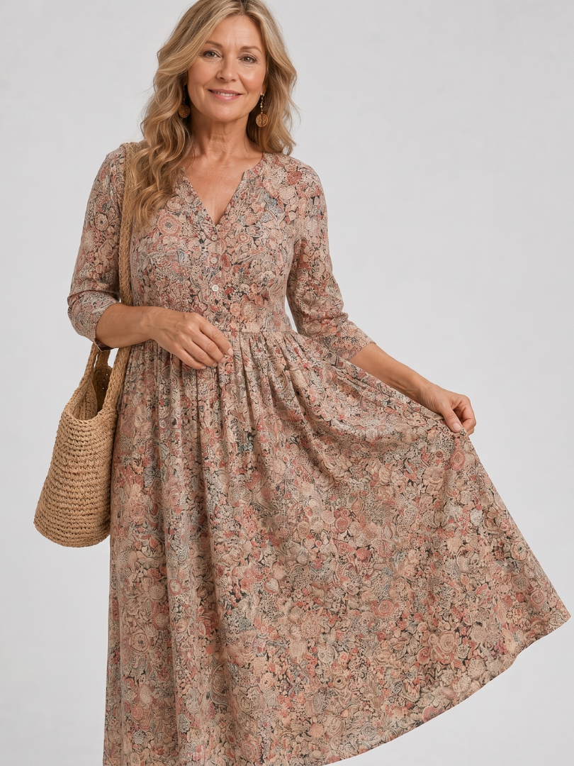 Picao | Vestido Midi de Manga Tres Cuartos Vintage