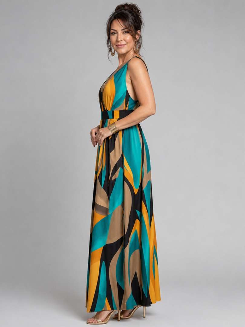 Zarela | Vestido Maxi Sin Mangas con Estampado Abstracto
