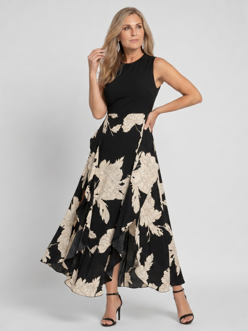 Klasen | Vestido Midi Sin Mangas con Estampado Floral y Dobladillo Asimétrico