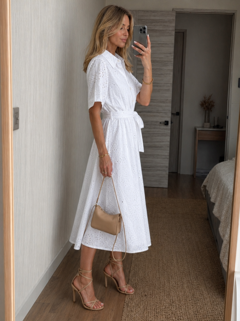 Eden | Vestido Midi de Manga Corta con Botones y Cintura Ajustable
