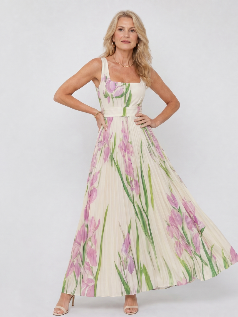 Vimele | Vestido Midi Sin Mangas con Cuello Cuadrado y Pliegues