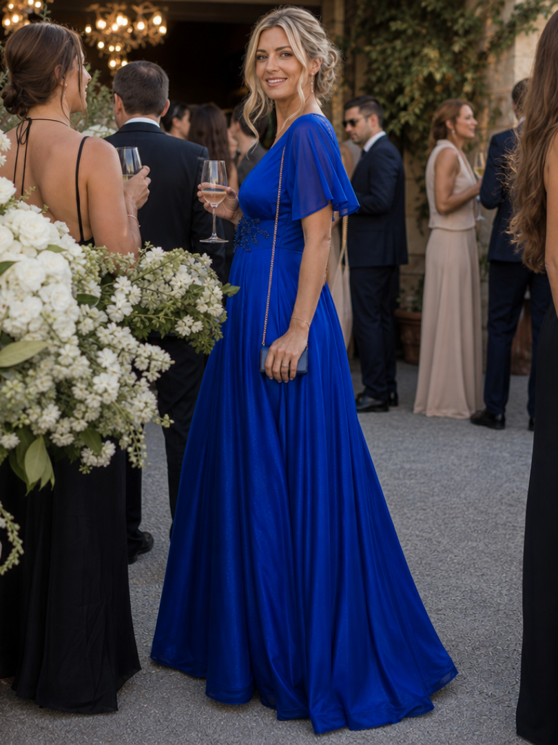 Orelia | Vestido Maxi Fluido de Manga Corta y Escote en V