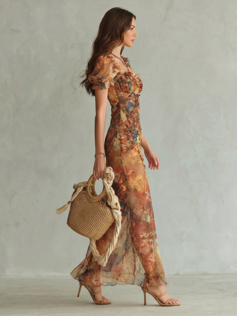 Ciel | Vestido Midi Con Mangas Voladas y Abertura
