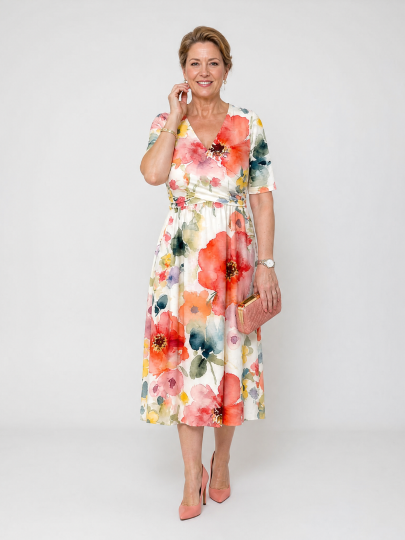 Corinne | Vestido Midi de Manga Corta con Estampado Floral