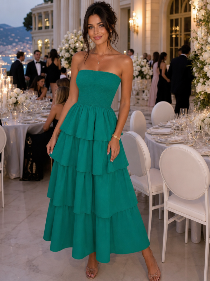 Gemma | Vestido Midi Sin Tirantes con Cuerpo Fruncido