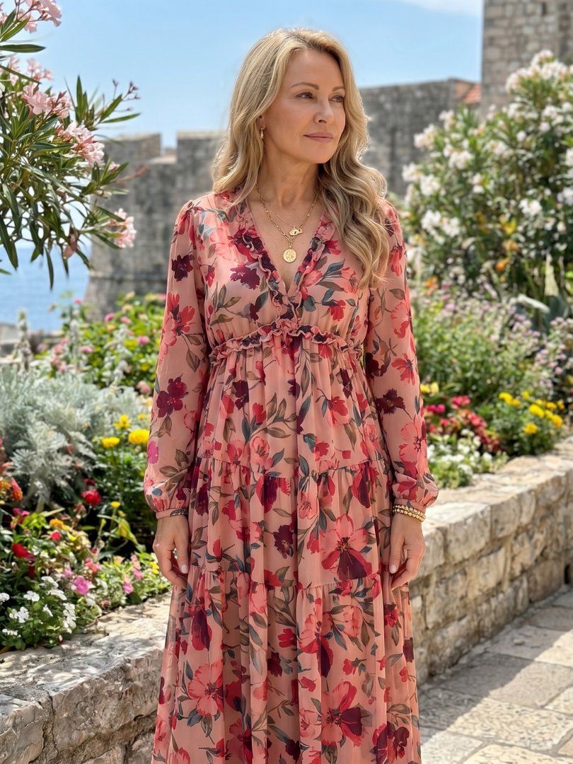 Camelo | Vestido Largo Maxi de Manga Larga con Estampado Floral