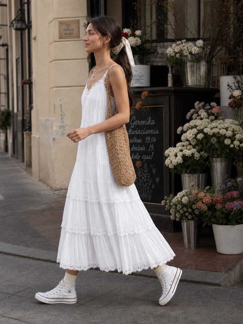 Lorelei | Vestido Midi de Capas de Encaje con Tirantes de Espagueti