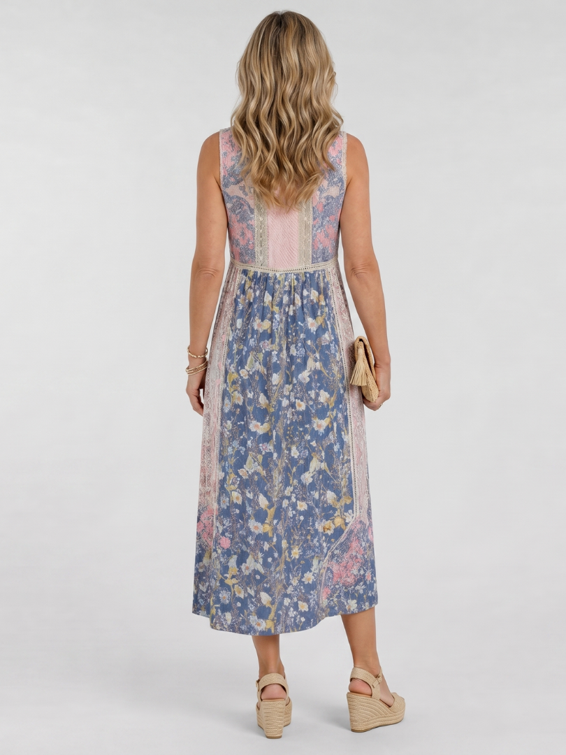 Lemez | Vestido Midi Sin Mangas con Detalle de Botones y Estampado Floral Mixto