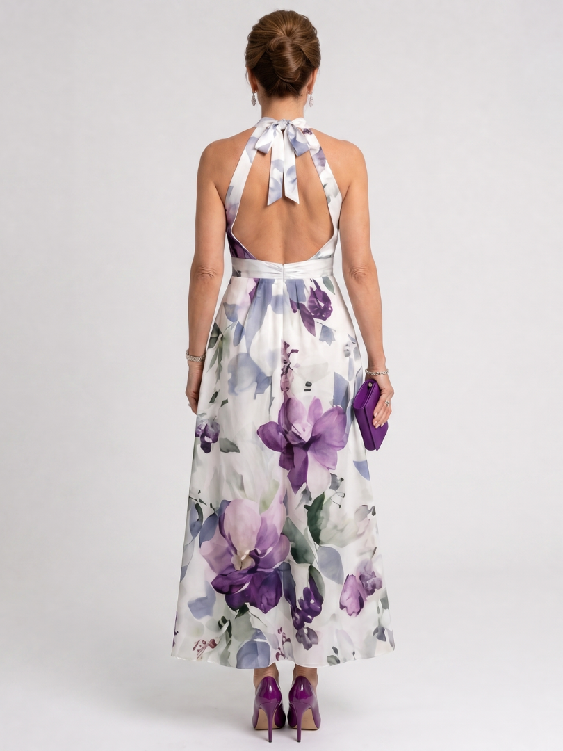 Omego | Vestido midi fluido con cuello halter de flores suaves