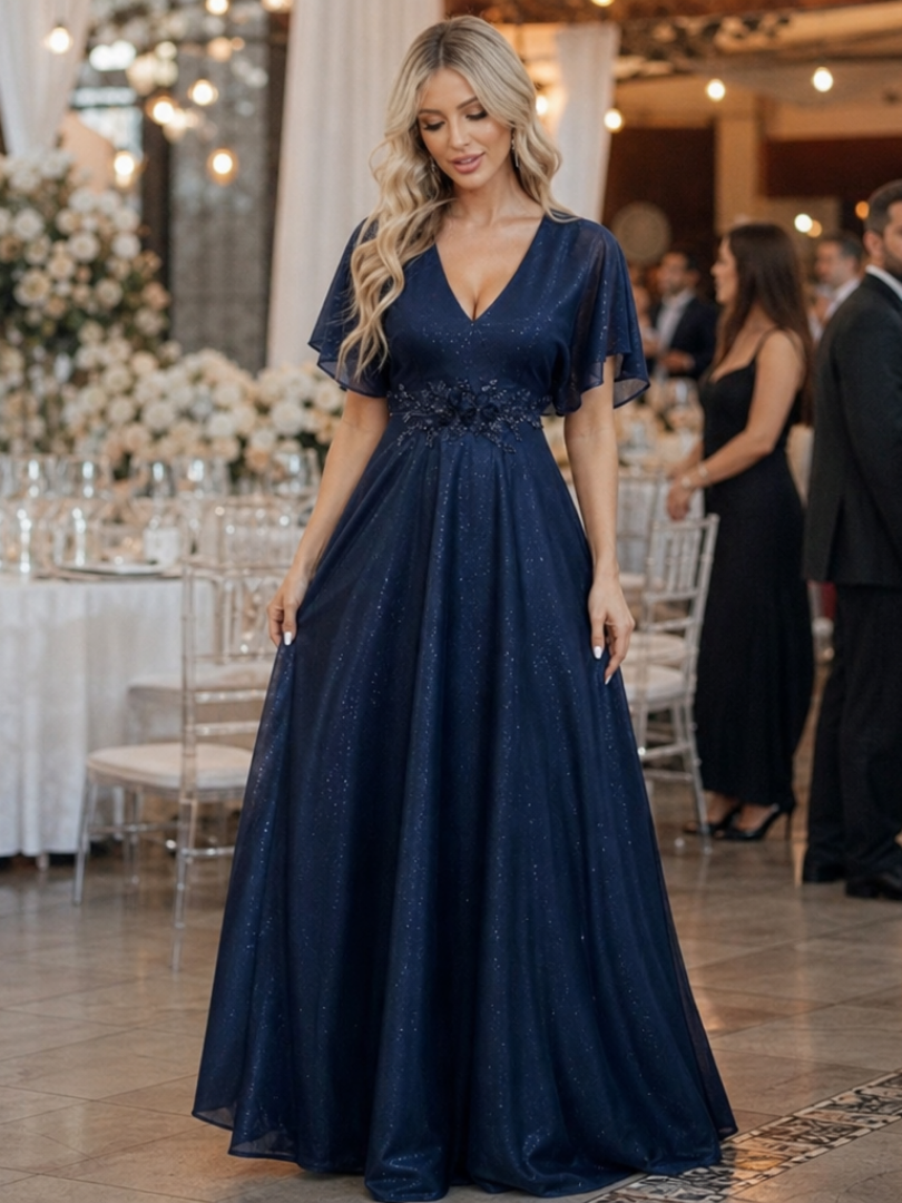 Orelia | Vestido Maxi Fluido de Manga Corta y Escote en V