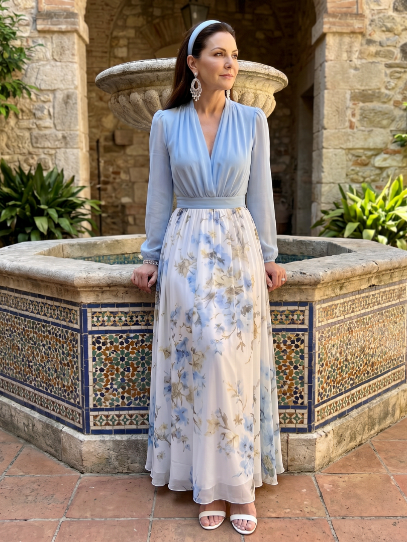 Augusta | Vestido Maxi Floral con Cuerpo Transparente y Escote en V