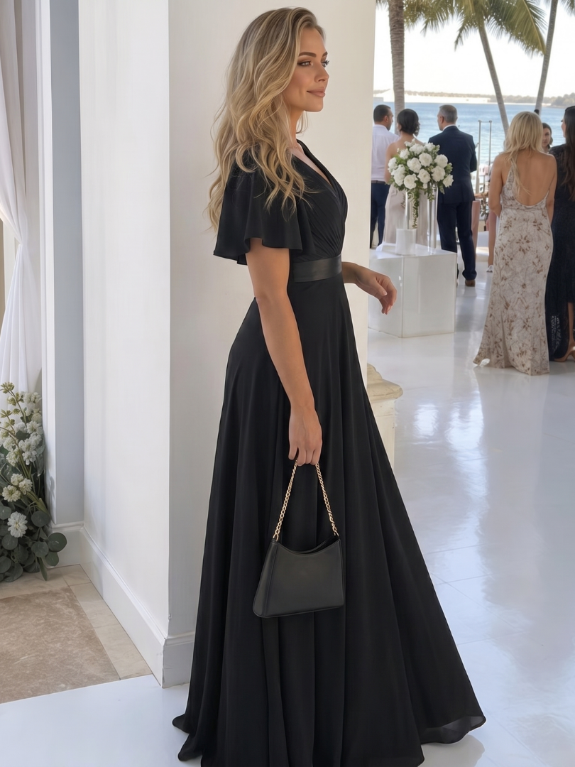 Mige | Vestido Maxi de Manga Corta con Volantes y Cintura Definida