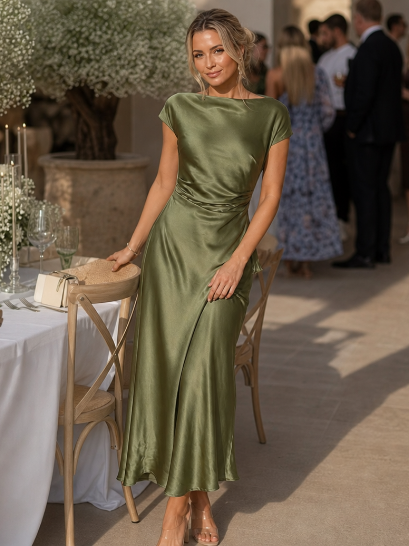 Elure | Vestido midi ajustado de manga corta y escote barco