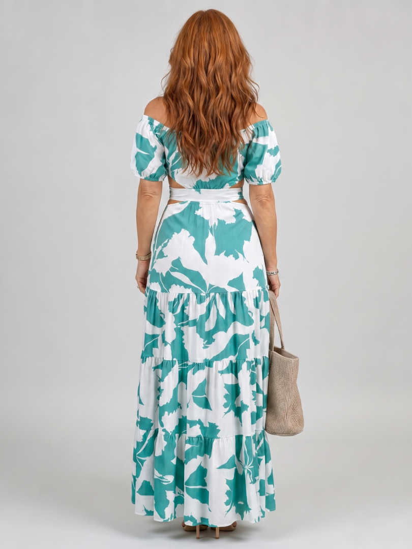 Orelina | Vestido Maxi con Corte en los Hombros y Cintura Descubierta