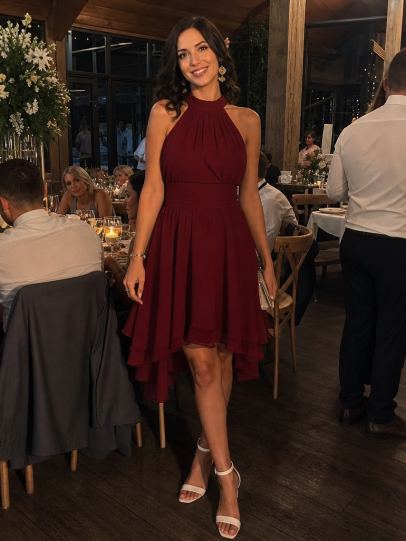 Iyla | Vestido de Longitud a la Rodilla con Cuello Halter y Dobladillo Encapasado