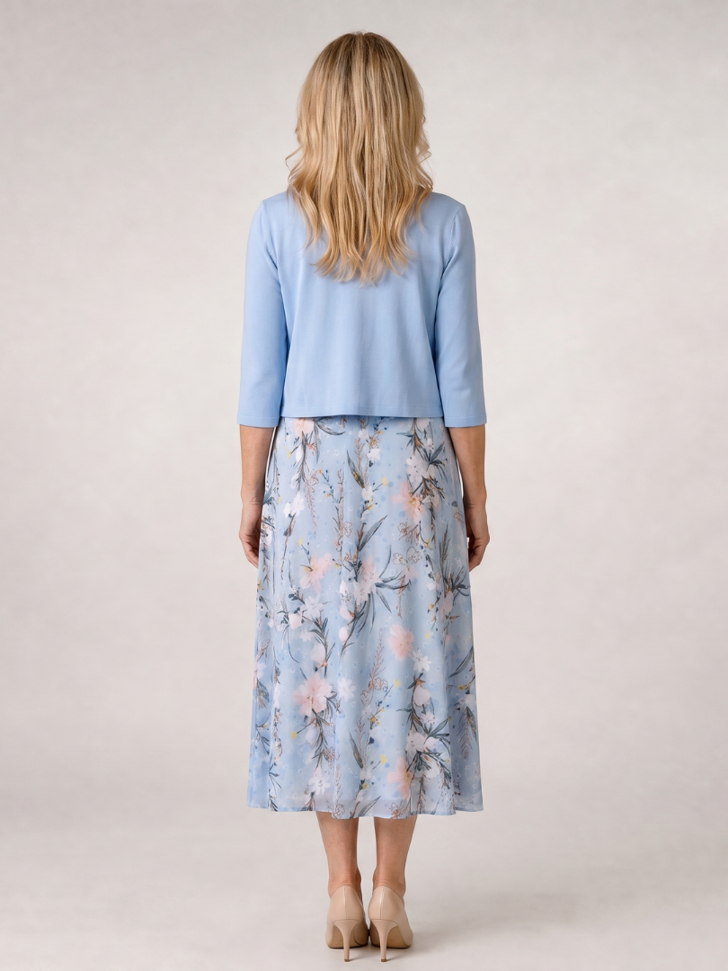 Celeste | Vestido Midi Sin Mangas con Chaqueta Cortada de Estampado Floral