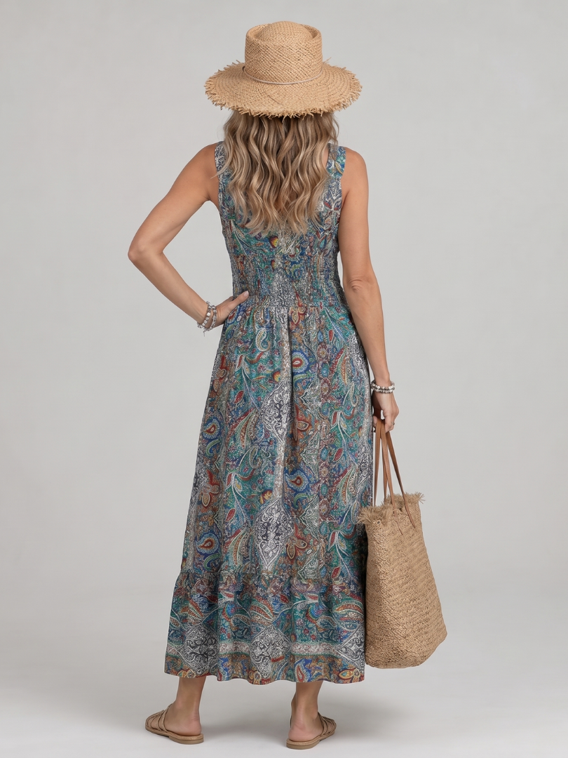 Marisela | Vestido midi sin mangas con estampado paisley