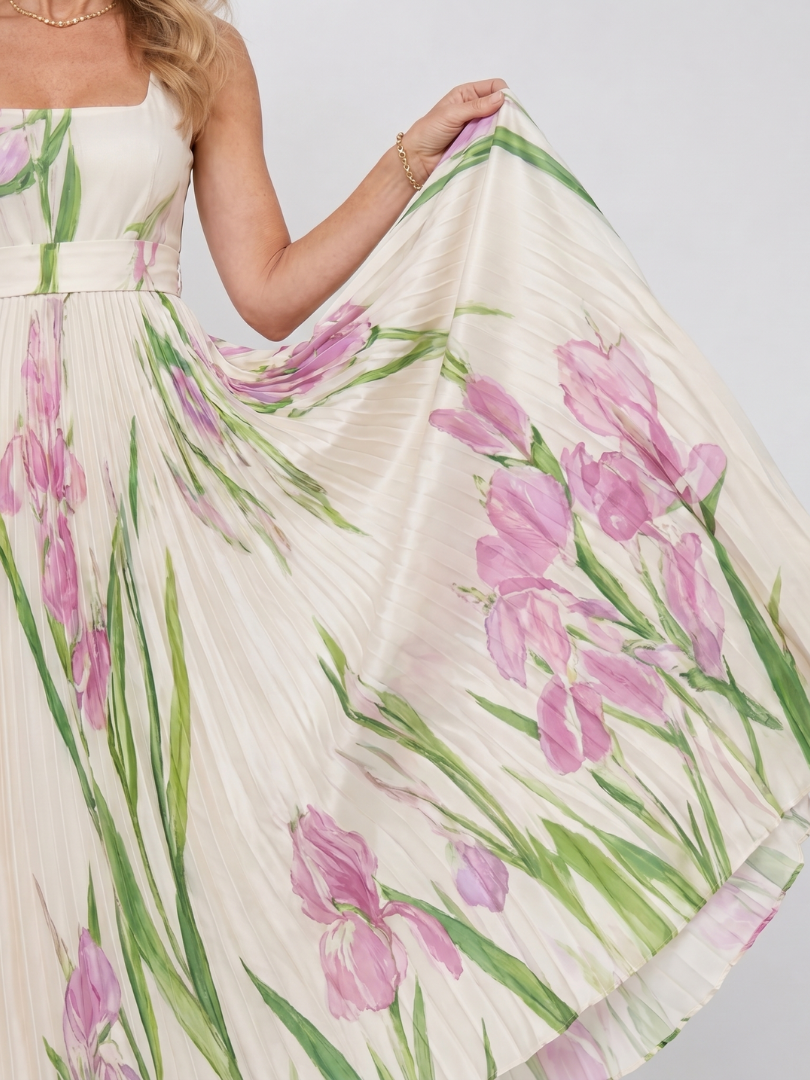 Vimele | Vestido Midi Sin Mangas con Cuello Cuadrado y Pliegues