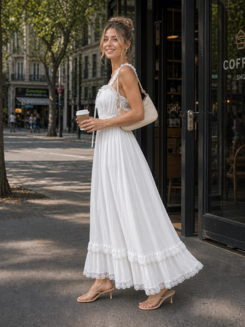Leach | Vestido midi sin mangas con tirantes de volantes