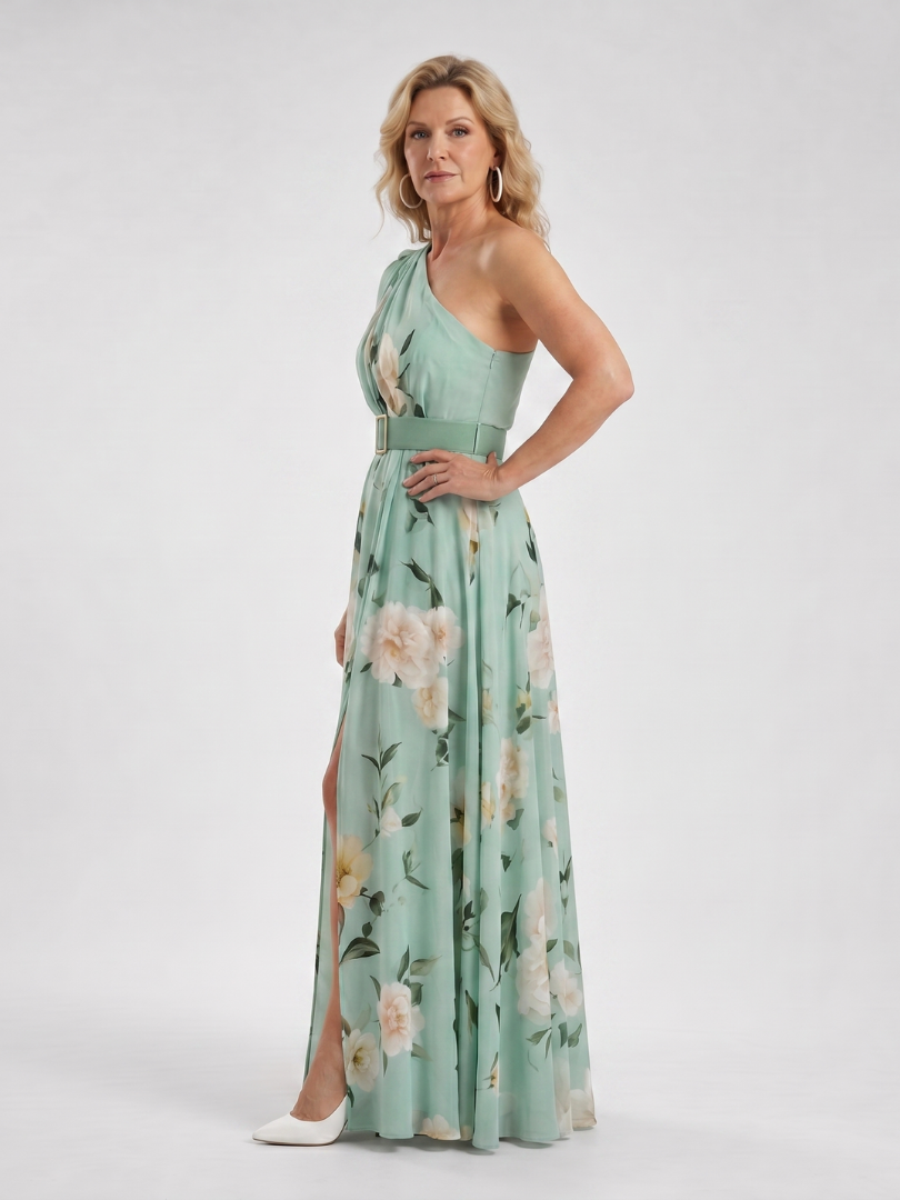 Manios | Vestido Maxi con Estampado Floral y Un Hombro con Cinturón