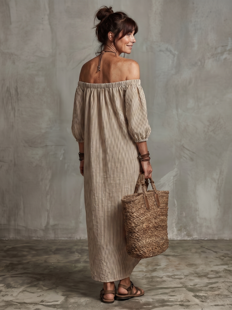 Eufemia | Vestido Maxi Off Shoulder con Patrón Rayado
