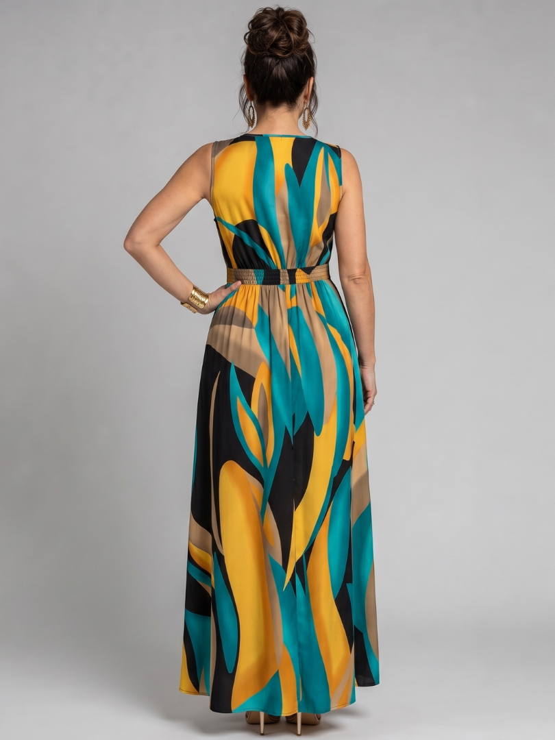 Zarela | Vestido Maxi Sin Mangas con Estampado Abstracto
