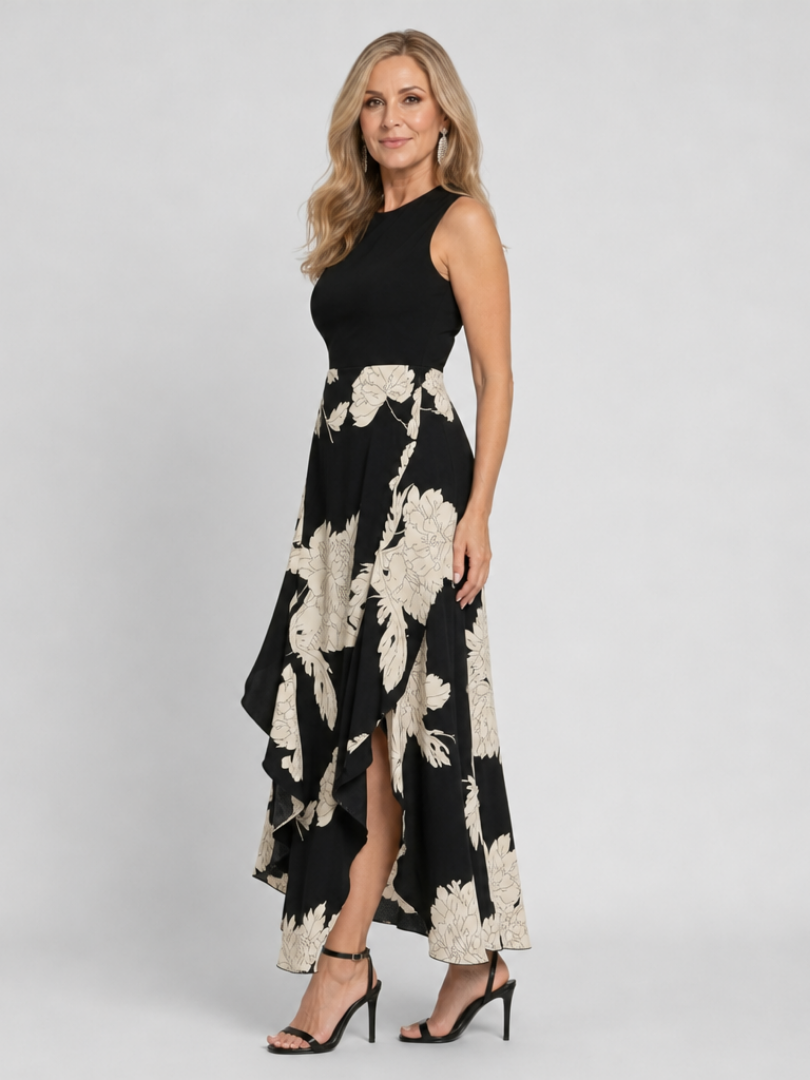 Klasen | Vestido Midi Sin Mangas con Estampado Floral y Dobladillo Asimétrico