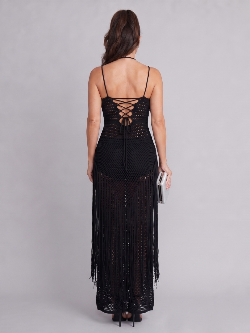Zephyra | Vestido Maxi de Ganchillo con Detalle de Flecos en Cuello Halter