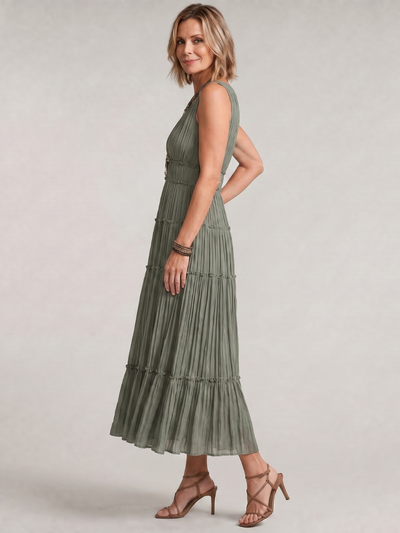Somala | Vestido Midi Sin Mangas con Pliegues y Escote en V