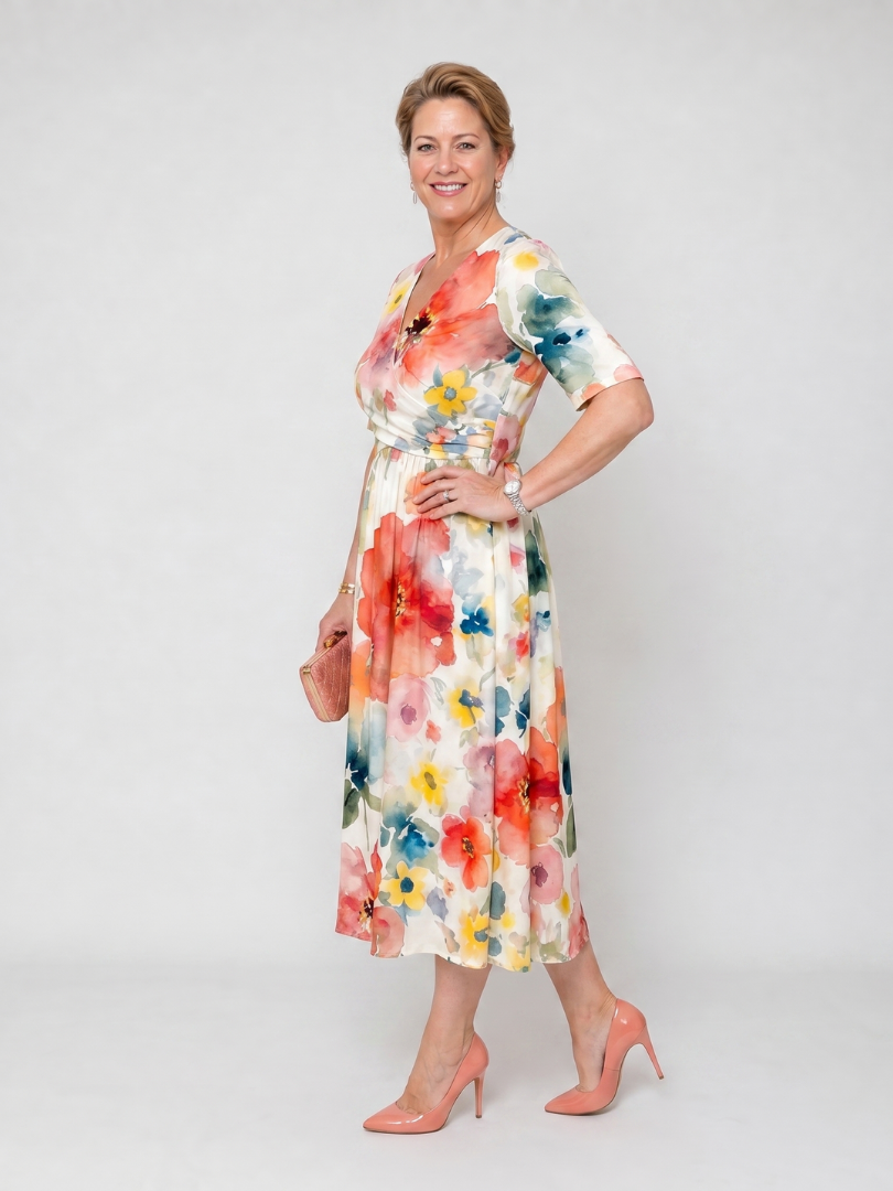 Corinne | Vestido Midi de Manga Corta con Estampado Floral
