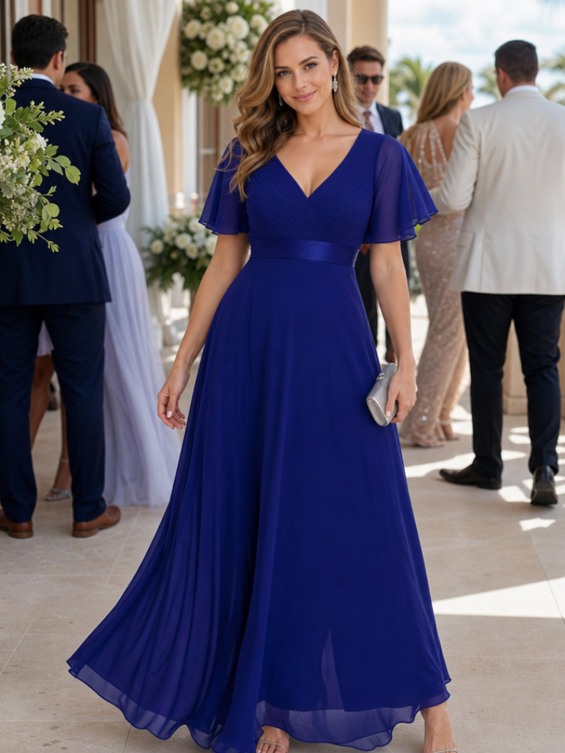 Mige | Vestido Maxi de Manga Corta con Volantes y Cintura Definida