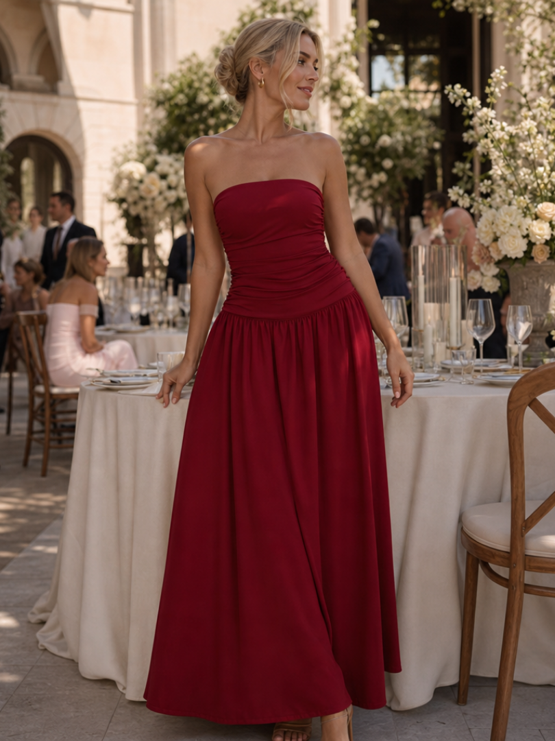 Zelene | Vestido Midi con Cuerpo Fruncido sin Tirantes