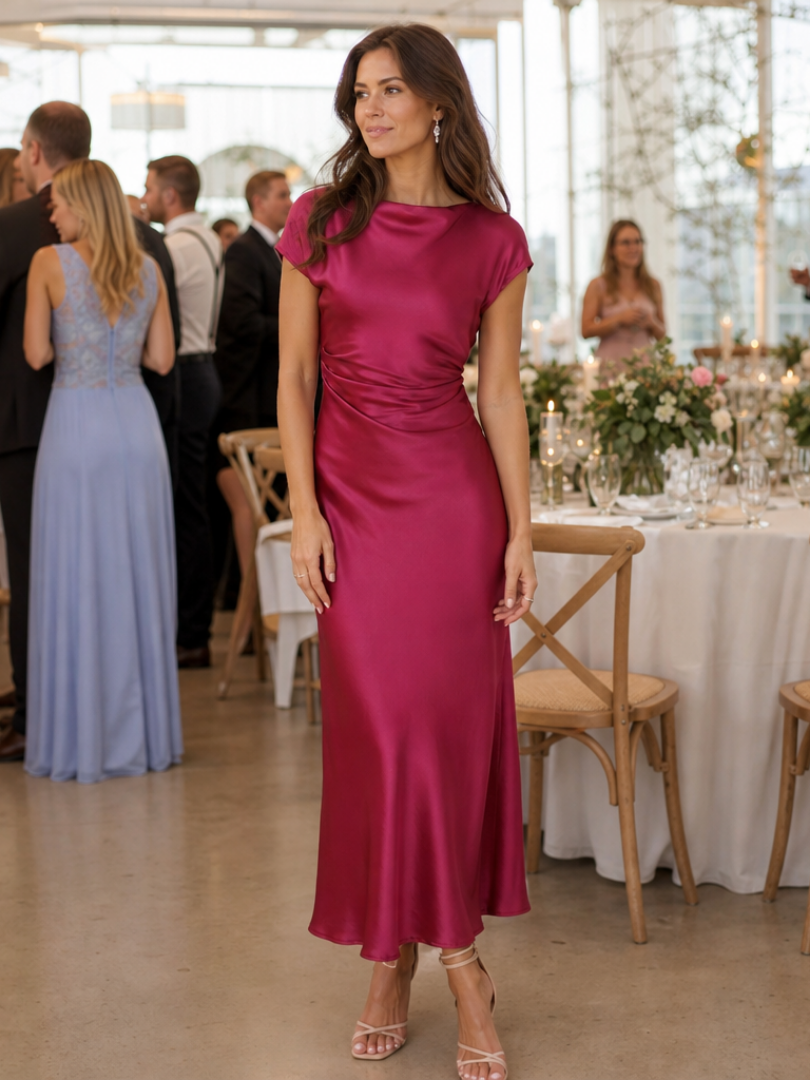 Elure | Vestido midi ajustado de manga corta y escote barco