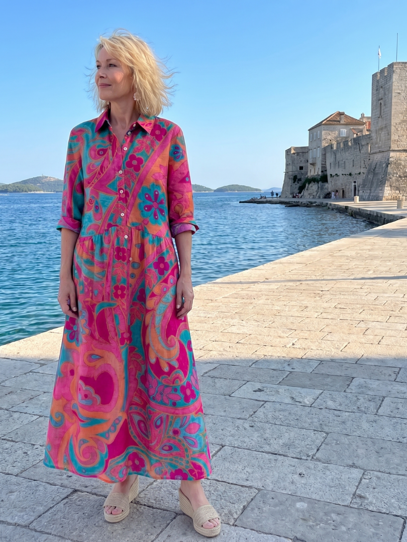 Klera | Vestido Midi de Botones Impreso con Cuello