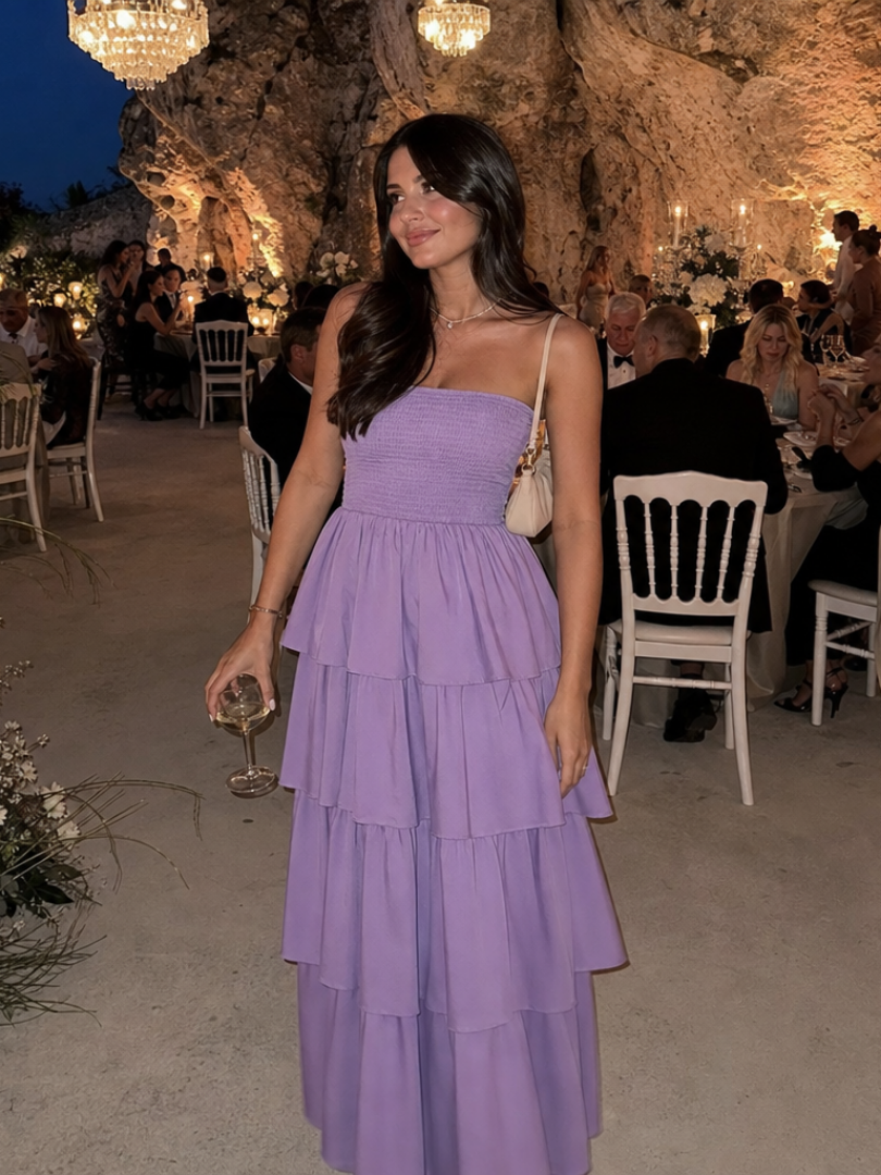 Gemma | Vestido Midi Sin Tirantes con Cuerpo Fruncido