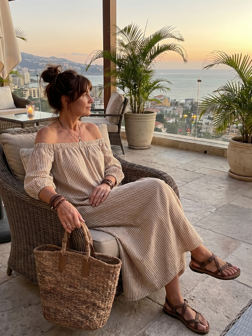 Eufemia | Vestido Maxi Off Shoulder con Patrón Rayado