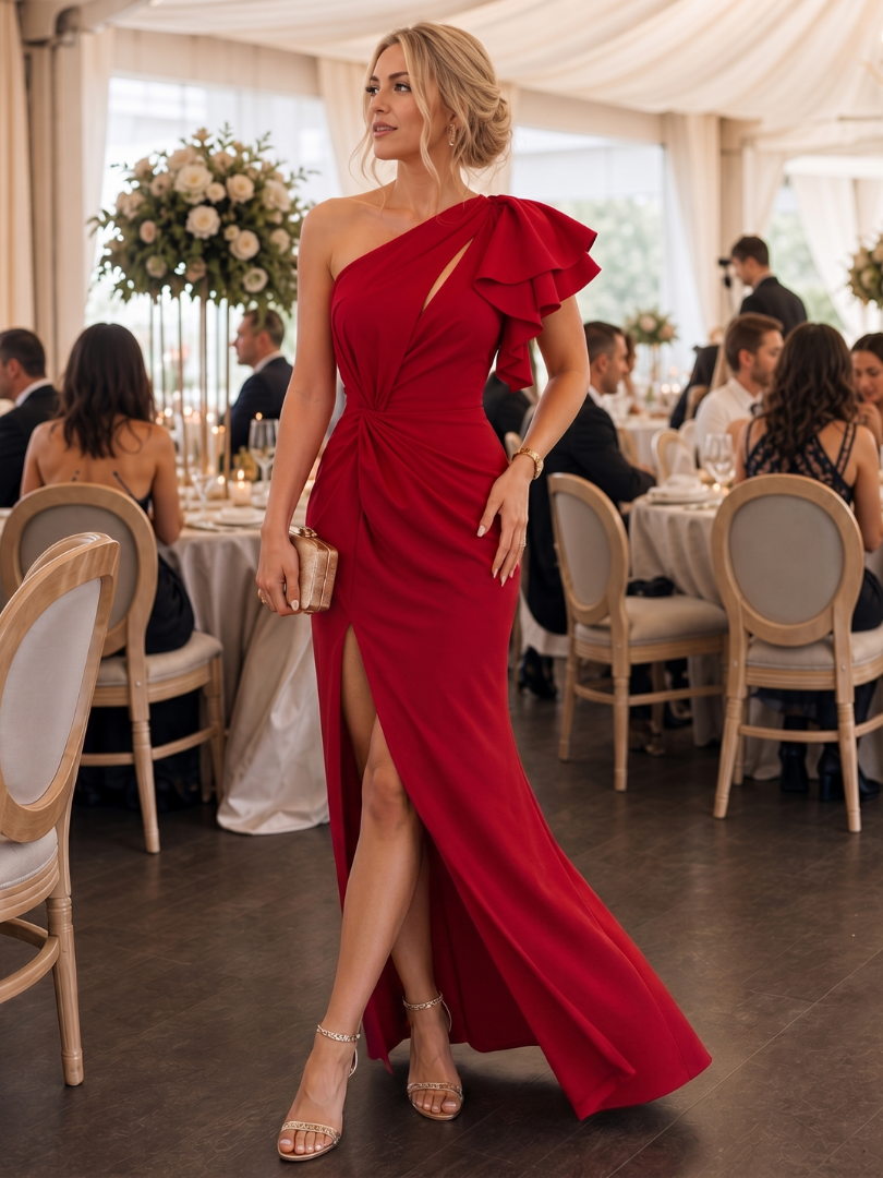 Aurette | Vestido Midi con Cuerpo Drapado de Un Hombro