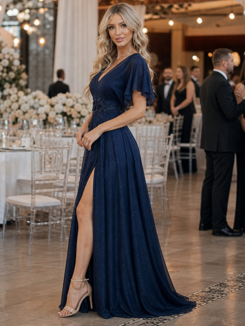 Orelia | Vestido Maxi Fluido de Manga Corta y Escote en V