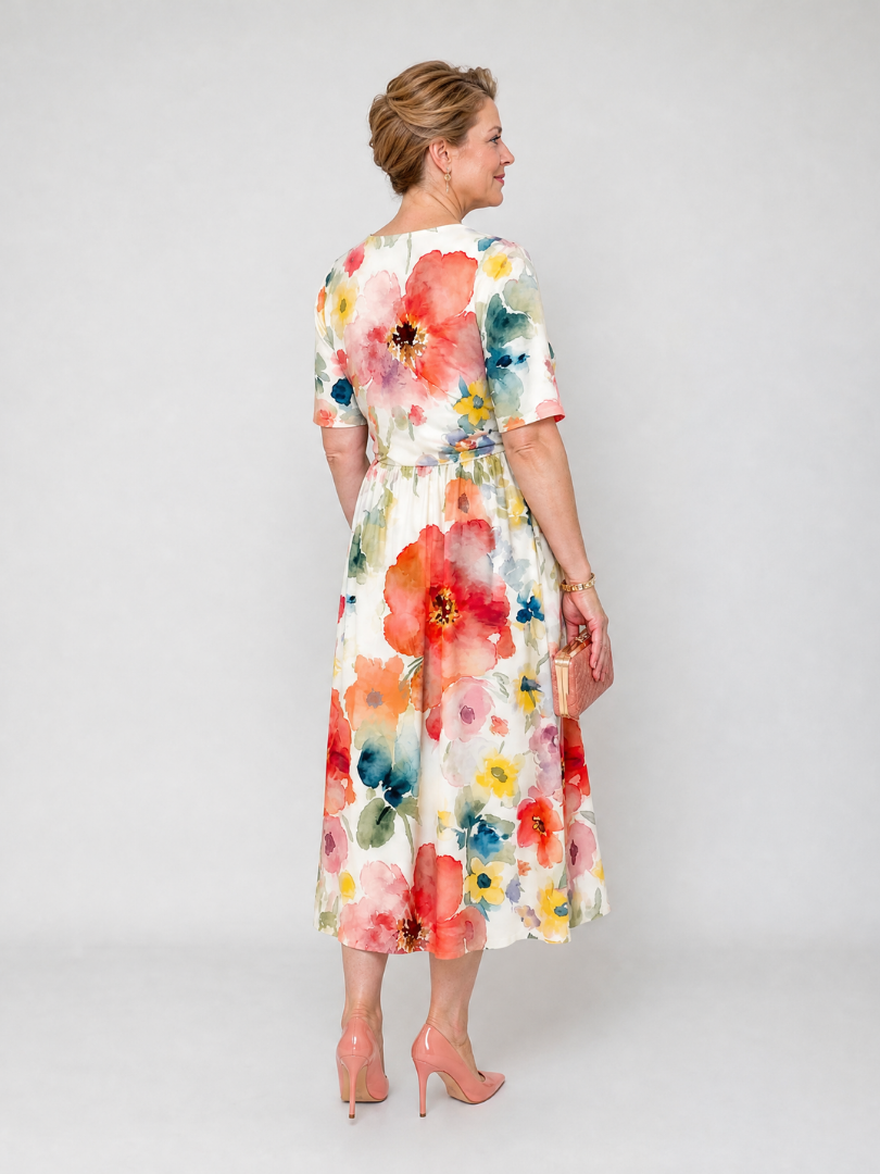 Corinne | Vestido Midi de Manga Corta con Estampado Floral