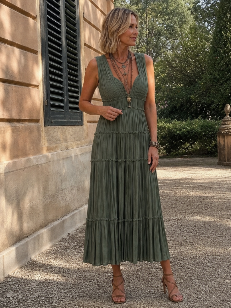 Somala | Vestido Midi Sin Mangas con Pliegues y Escote en V
