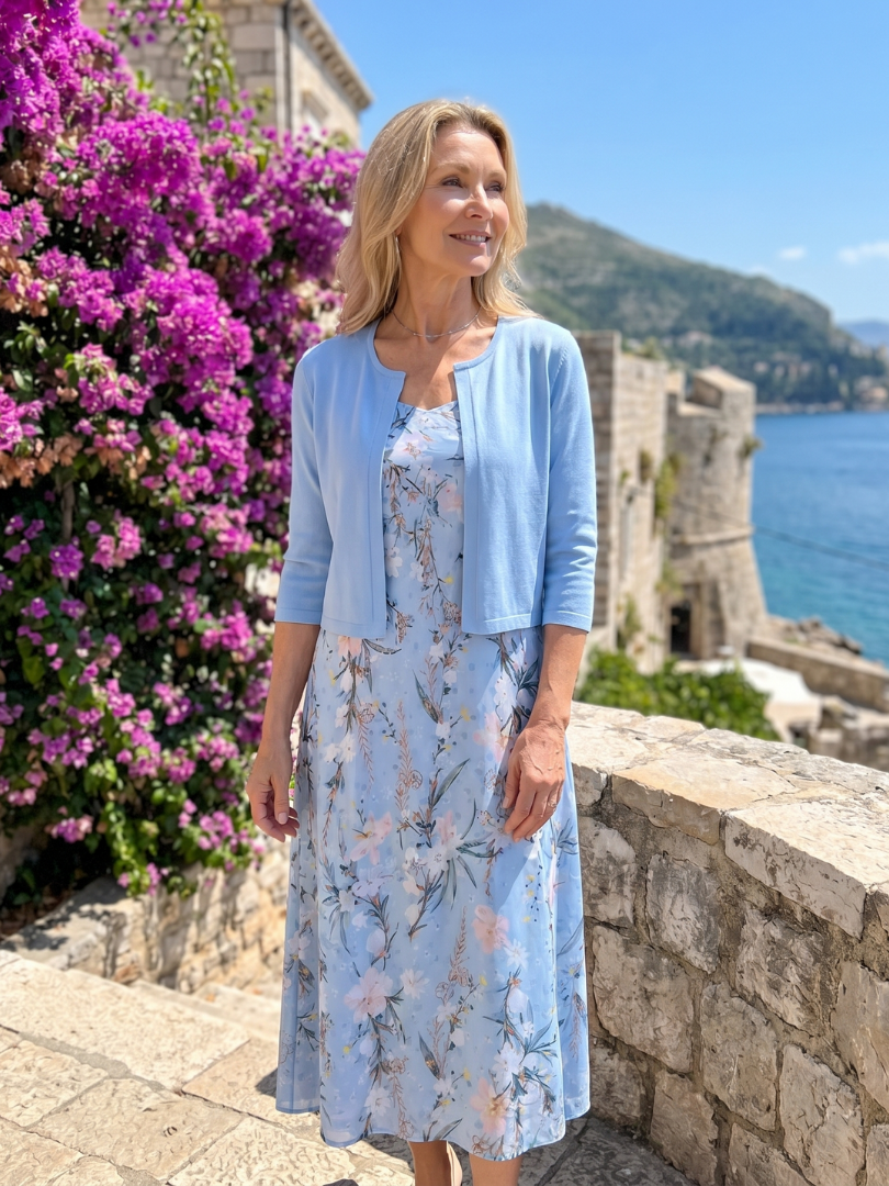 Celeste | Vestido Midi Sin Mangas con Chaqueta Cortada de Estampado Floral