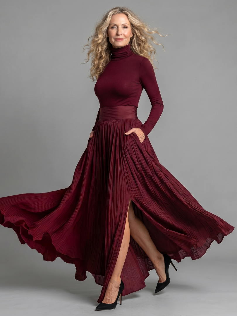 Lana | Vestido Midi de Cuello Alto y Manga Larga con Cintura Definida