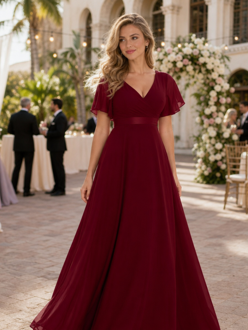 Mige | Vestido Maxi de Manga Corta con Volantes y Cintura Definida